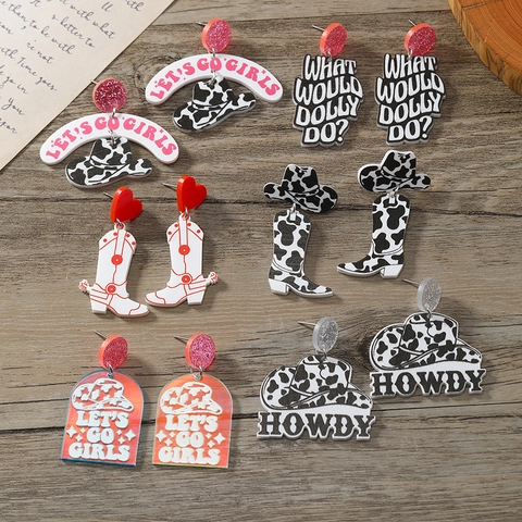 Western Cowboy Acrylic Dangle Earrings Cow Print Boots Hat Howdy Let's Go Girls Trendy Jewelry For Women Music Festival