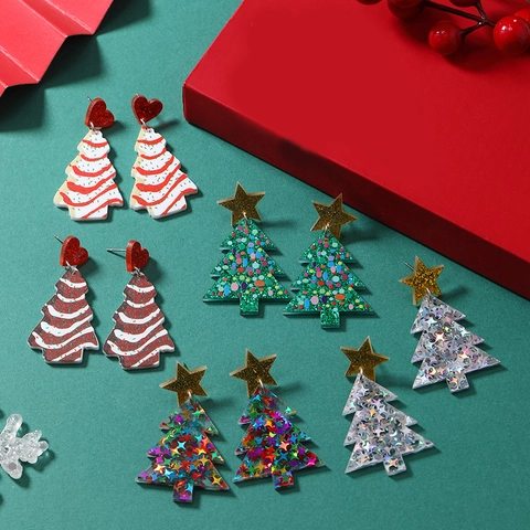 Boucles d'Oreilles Clous Sapin de Noël Acrylique Tige Acier Inoxydable Étoile Coeur Pendantes Bijoux Femme Fête