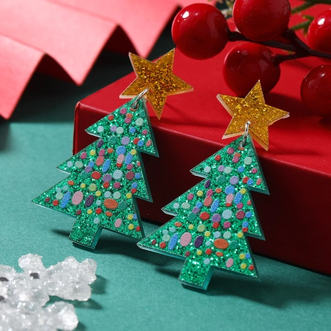 Boucles d'Oreilles Clous Sapin de Noël Acrylique Tige Acier Inoxydable Étoile Coeur Pendantes Bijoux Femme Fête