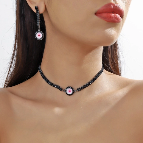 Gothic Evil Eye Jewelry Set Black Rhinestone Choker Necklace And Long Drop Earrings For Women Punk Y2K Alloy Fashion Jewelry