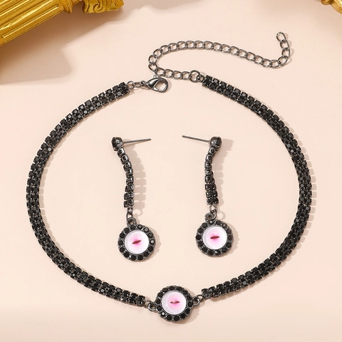 Gothic Evil Eye Jewelry Set Black Rhinestone Choker Necklace And Long Drop Earrings For Women Punk Y2K Alloy Fashion Jewelry