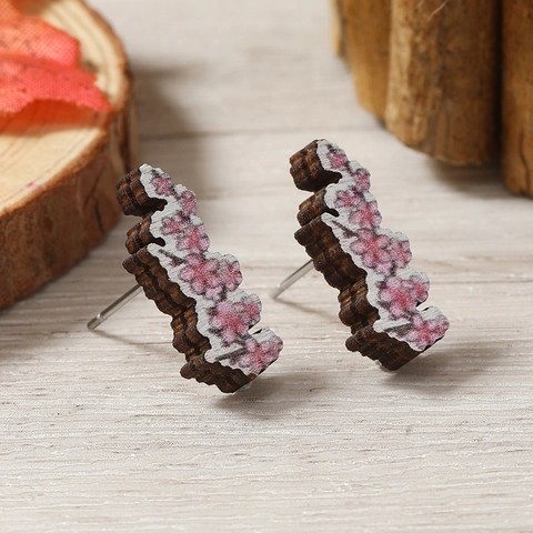 Pendientes de Botón de Madera para Mujer Lindo Gato Corazón Flor Taza de Café Patrón Impreso Accesorios de Joyería Estilo Retro