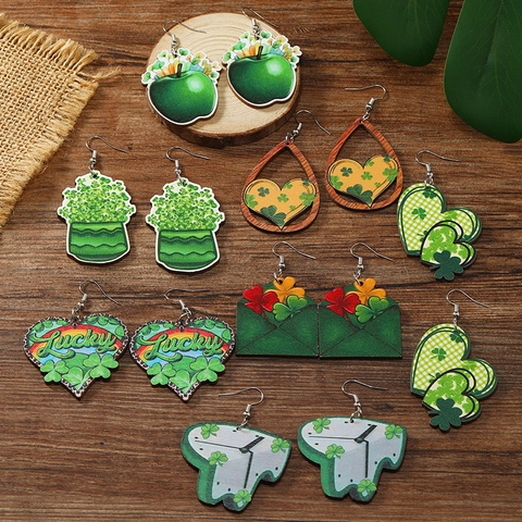 St. Patrick's Day Wood Drop Earrings Wood Alloy Hook Shamrock Clover Heart Rainbow Lucky Melting Clock Apple Pattern Festive Earrings