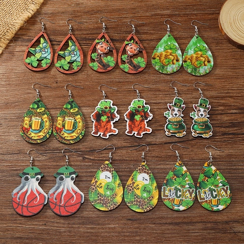 Western St Patrick's Day Wooden Drop Earrings Clover Cat Dog Giraffe Teardrop Printed Wood Earrings For Women Festival Jewelry Gift