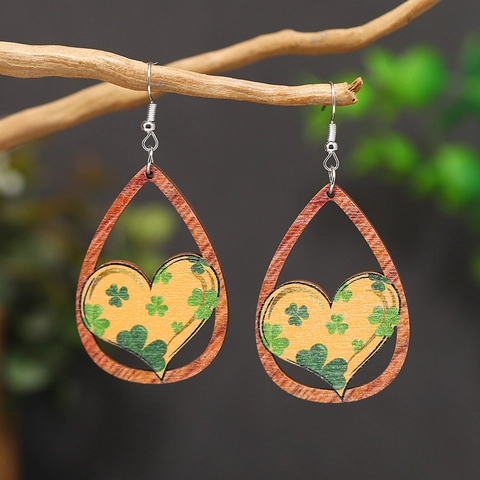 St. Patrick's Day Wood Drop Earrings Wood Alloy Hook Shamrock Clover Heart Rainbow Lucky Melting Clock Apple Pattern Festive Earrings