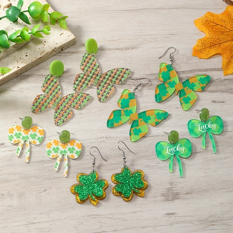St Patrick Day Acrylic Shamrock Earrings Green Plaid Lucky Butterfly Bow Drop Earrings Festival Party Jewelry For Women