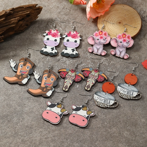 Retro Cartoon Wooden Drop Earrings For Women Cute Cow Elephant Skull Boot Printed Wood Jewelry Dangle Earrings Accessories