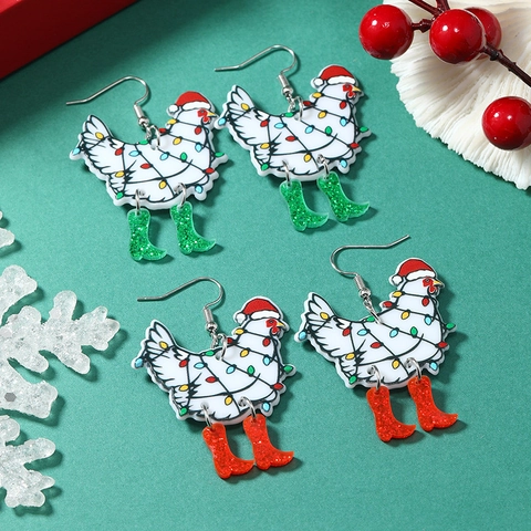 Boucles d'Oreilles Pendantes en Acrylique Poulet Blanc de Noël Tige en Acier Inoxydable Chapeau Rouge Bottes Bijoux Femme
