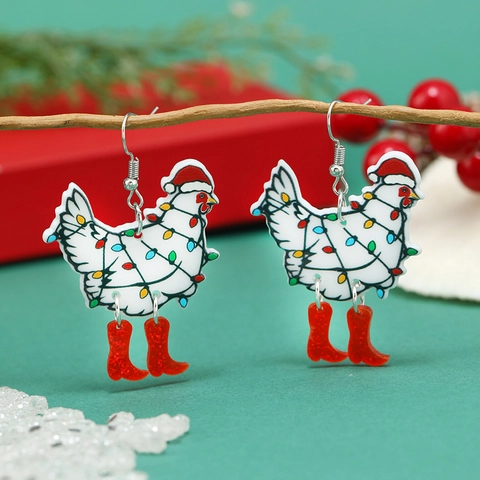 Boucles d'Oreilles Pendantes en Acrylique Poulet Blanc de Noël Tige en Acier Inoxydable Chapeau Rouge Bottes Bijoux Femme