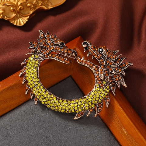 Spilla Vintage Stile Cinese Drago dello Zodiaco in Lega con Strass Intarsiati Spilla Circolare Doppia Testa di Drago Gioielli Moda Donna