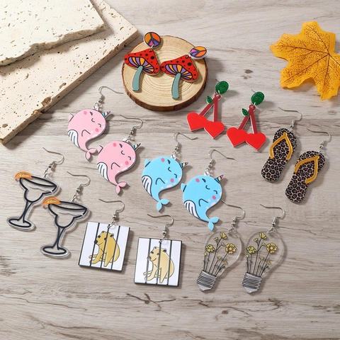 Cute Cartoon Acrylic Dangle Earrings For Women Y2K Mushroom Cherry Leopard Slipper Cocktail Whale Bear Lightbulb Jewelry