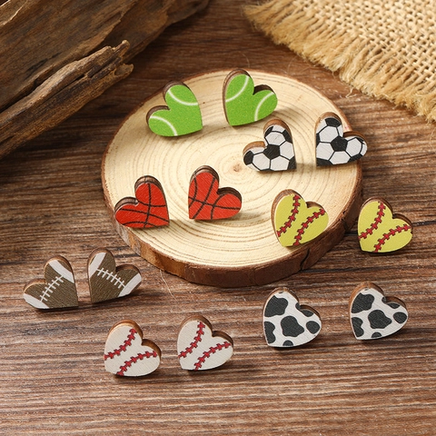 Heart Shaped Wooden Stud Earrings For Women Stainless Steel Post Sports Football Basketball Volleyball Cow Print Jewelry