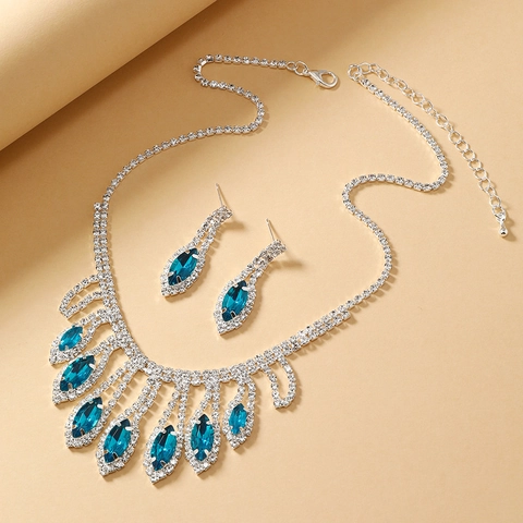 Luxurious Silver Plated Alloy Marquise Crystal Rhinestone Necklace And Earrings For Wedding Bridal Banquet Prom Women