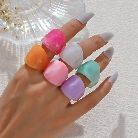 Anillos de Resina Acrílica Coloridos para Mujer Banda Ancha Geométrica Patrón de Mármol Joyería de Moda Retro Anillos de Dedo