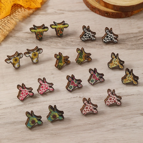 Pendientes de Botón Cabeza de Vaca de Madera Girasol Estampado de Leopardo Vaca Forma de Animal Joyería Campestre Regalo