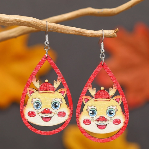 Chinese Style Wooden Zodiac Dragon Teardrop Earrings Cartoon Mascot Wood Dangle Earrings For Women New Year Jewelry Gift