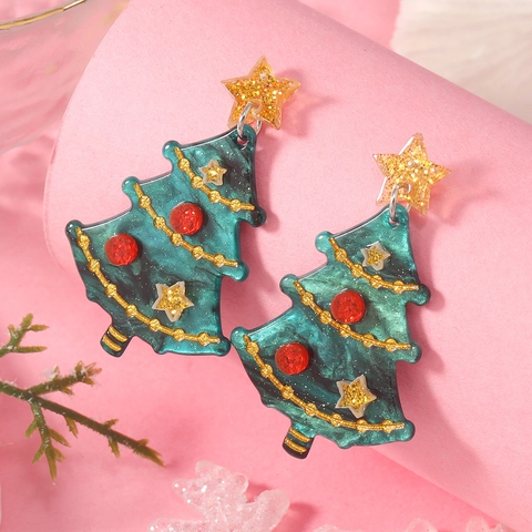 Christmas Tree Santa Claus Drop Earrings For Women Acrylic Wood Cute Pink Green Festive Holiday Party Dangle Earrings