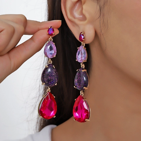 Vintage Alloy Water Drop Tassel Earrings For Women Starry Purple Geometric Artificial Crystal Long Drop Earrings Party Jewelry