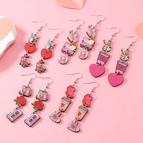 Valentine Wooden Dangle Earrings Heart Rose Vintage Car Coffee Cup Multi-layer Drop Earrings For Women Fashion Jewelry