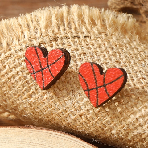 Heart Shaped Wooden Stud Earrings For Women Stainless Steel Post Sports Football Basketball Volleyball Cow Print Jewelry