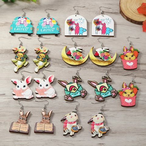 Pasen Tekenfilm Schattig Hout Konijn Oorbellen Voor Vrouwen Grappige Bunny Wortel Maan Envelop Bedrukte Houten Hanger Oorbellen Sieraden