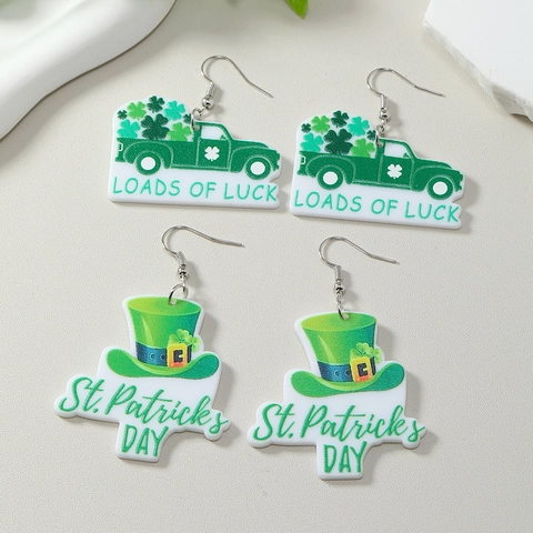 Boucles d'Oreilles Pendantes en Acrylique Saint-Patrick Vert Trèfle Chapeau Chanceux Camion Rétro Irlandais Bijoux de Fête