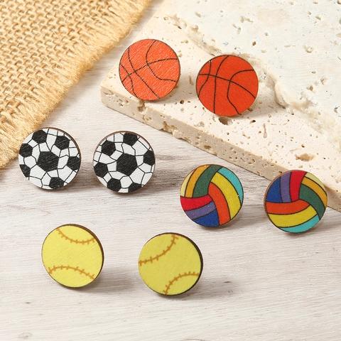 Lightweight Wood Sports Ball Stud Earrings Basketball Soccer Baseball Volleyball Pattern Round Wooden Earrings For Women Men