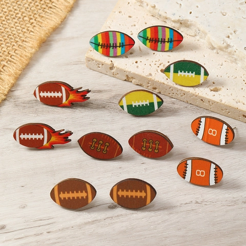 Women Men Creative Wooden Rugby Football Stud Earrings Trendy Sport Flame Rainbow Pattern Printed Wood Sport Jewelry
