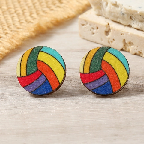 Lightweight Wood Sports Ball Stud Earrings Basketball Soccer Baseball Volleyball Pattern Round Wooden Earrings For Women Men