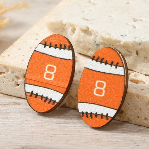 Women Men Creative Wooden Rugby Football Stud Earrings Trendy Sport Flame Rainbow Pattern Printed Wood Sport Jewelry
