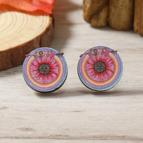 Pendientes de Botón de Madera para Mujer Lindos Patrones de Gato Flor Corazón Impresos Estilo Pastoral Vintage Joyería de Madera Ligera Regalo