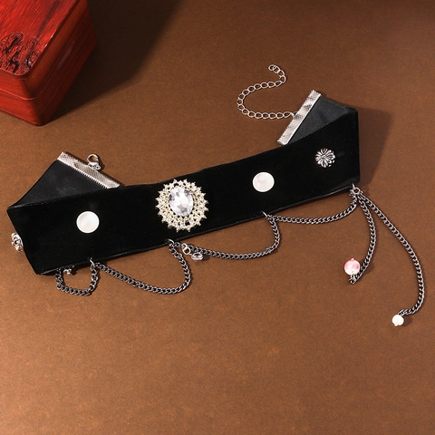 Collier Choker Gothique Vintage Velours Noir Alliage Strass Fleur Gland Chaîne Collier de Déclaration Bijoux Femme