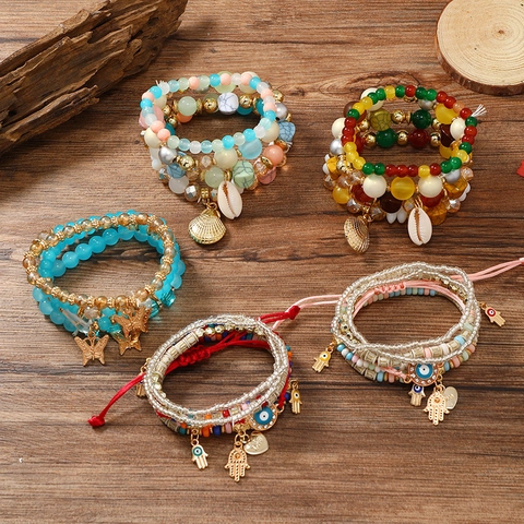 Bohemian Multilayered Beaded Bracelet Set Alloy Butterfly Hamsa Hand Evil Eye Shell Pendant Charms For Women Beach Vacation Jewelry