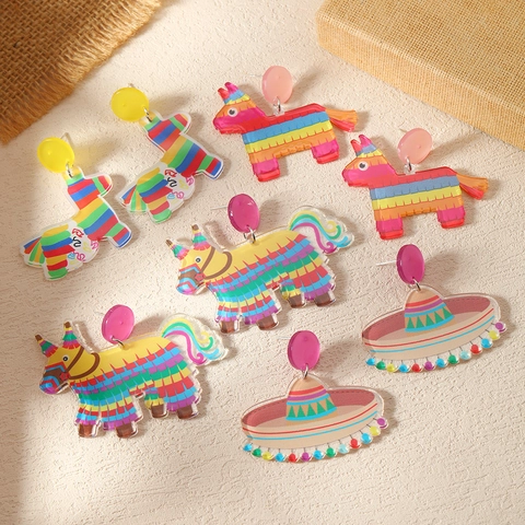 Mexicaans Carnaval Thema Acryl Oorhangers Regenboog Pinata Llama Sombrero Hoed Bedrukt Feestelijke Sieraden Voor Dames Unisex