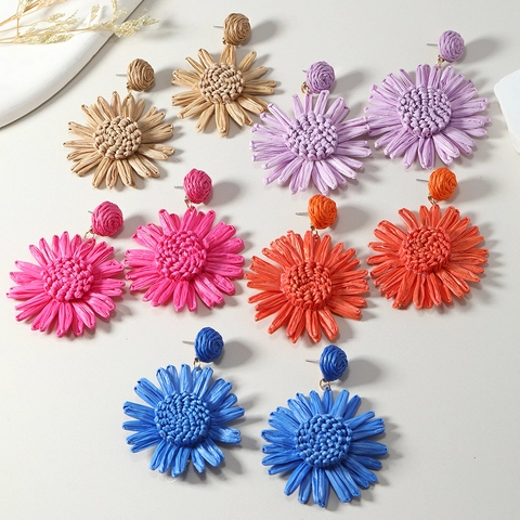 Bohemian Raffia Woven Sunflower Drop Earrings For Women Handmade Straw Floral Dangle Earrings Beach Vacation Jewelry Accessories