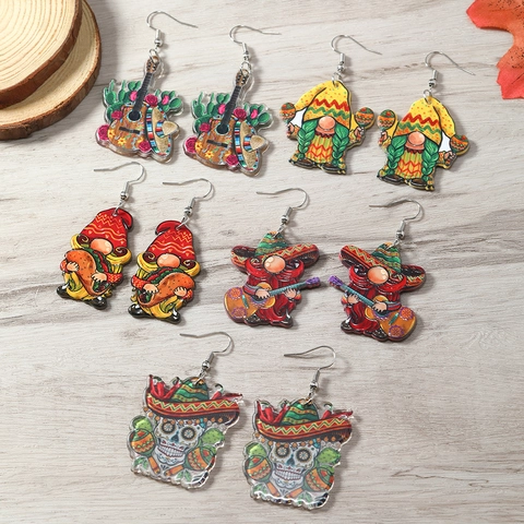 Mexican Cinco De Mayo Day Of The Dead Acrylic Earrings For Women Colorful Gnome Guitar Skull Sombrero Taco Ethnic Party Jewelry