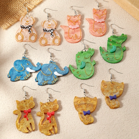 Fashion Funny Cartoon Animal Acrylic Drop Earrings For Women Cute Cat Bear Fox Elephant Crocodile Marble Texture Jewelry