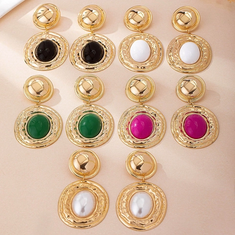 Vintage Bohemian Hammered Gold Alloy Drop Earrings For Women Resin Oval Inlaid Oversized Geometric Earrings Fashion Jewelry Gift