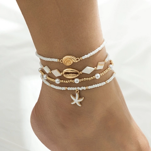 Juego de Tobilleras Bohemias para Vacaciones en la Playa Océano Mostacillas Blancas Estrella de Mar Concha Colgante Tobillera para Mujer Joyería de Aleación