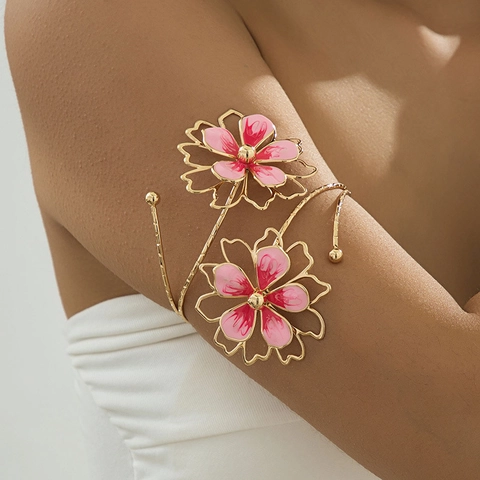 Bohemian Zinc Alloy Enamel Flower Arm Cuff Irregular Spiral Metal Armlet Upper Arm Bracelet For Women Vacation Jewelry