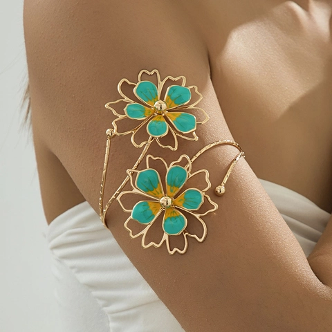 Bohemian Zinc Alloy Enamel Flower Arm Cuff Irregular Spiral Metal Armlet Upper Arm Bracelet For Women Vacation Jewelry