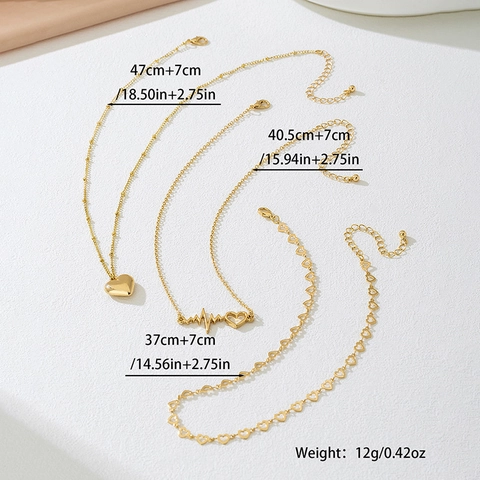 Collar con Colgante de Corazón de Triple Capa Aleación Dorada Cadena ECG Latido del Corazón Joyería Elegante Mujer Regalo
