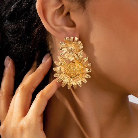 Grote Gouden Zonnebloem Oorbellen voor Dames met Roestvrijstalen Oorknopje-Stift Dubbellaagse Daisy Statement Sieraden