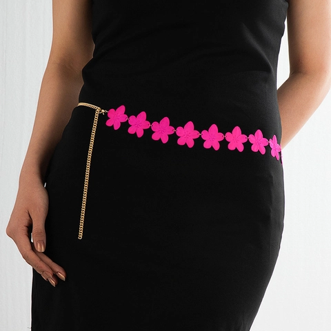 Women Fashion Alloy Matte Hot Pink Flower Waist Chain Gold Metal Adjustable Body Chain Retro Punk Style Accessory