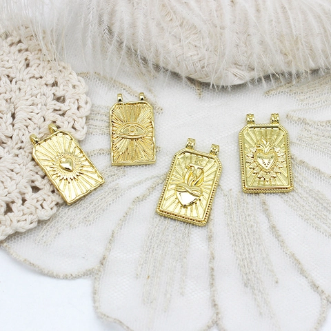 18K Gold Plated Copper Evil Eye Tarot Card Pendant Mystical Star Moon Heart Hexagram Enamel Zirconia DIY Necklace Charms