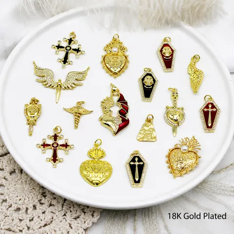 Colgantes de Cobre DIY Gothic Punk para Creación de Joyas Bañado en Oro 18K Corazón Calavera Cruz Ángel Esmalte Strass Accesorio