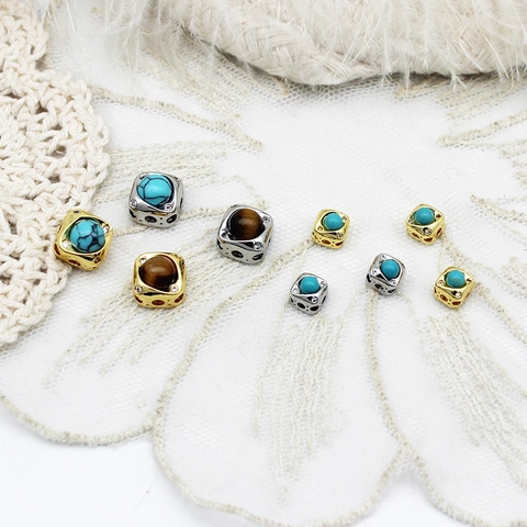 18K Gold Plated Copper Tiger's Eye Turquoise Pendants DIY Jewelry Square Sun Heart Flower Bohemian Charms For Necklace