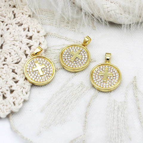 18K Gold Plated Copper Round Plate Pendants For Jewelry Making Heart Cross Rhinestone Pendants DIY Earring Necklace Accessories