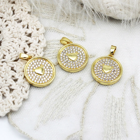 18K Gold Plated Copper Round Plate Pendants For Jewelry Making Heart Cross Rhinestone Pendants DIY Earring Necklace Accessories