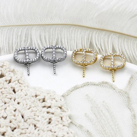Accesorios para Pendientes DIY de Cobre Chapado en Oro 18K Corazón Letra Con Poste de Plata de Ley 925 Strass Joyería